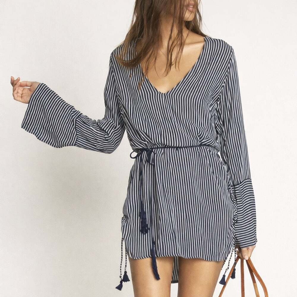 Faithfull The Brand Neroli Striped V Neck Mini Dress Blue White Women's 4